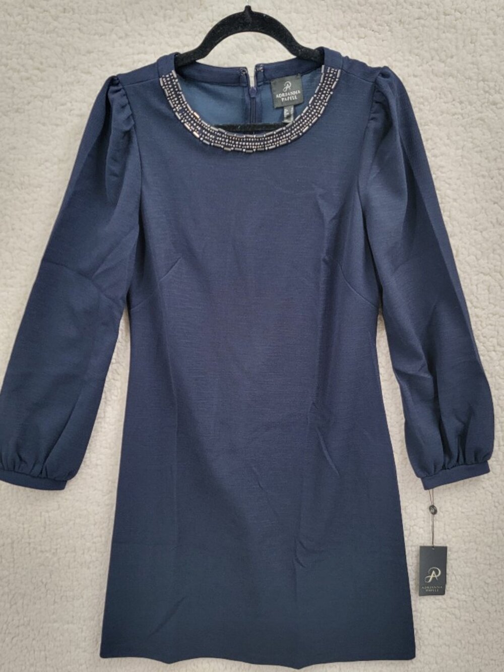 NWT Adrianna Papell Kaylie Embellished Shift Dress Blue Navy Beaded Neck Size 8